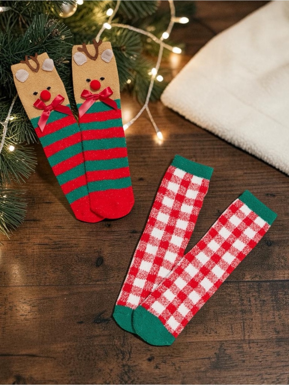 2 Pairs of Christmas Socks - Santa/Polka Dot OR Reindeer/Checkered